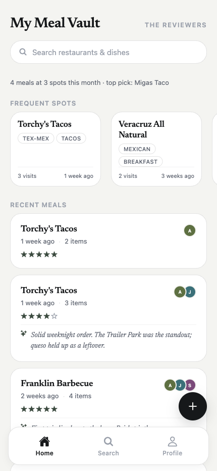 Home feed: recent meals with AI summaries and per-person ratings