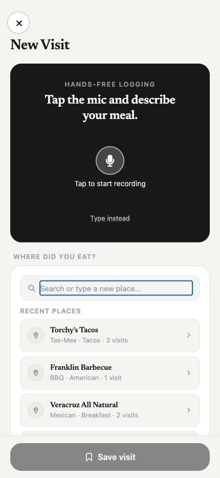 Voice-first logging in MealVault: tap the mic and describe your meal